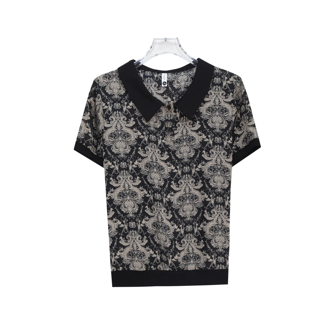 时尚撞色娃娃领印花短袖夏季新款洋气小衫上衣X26875