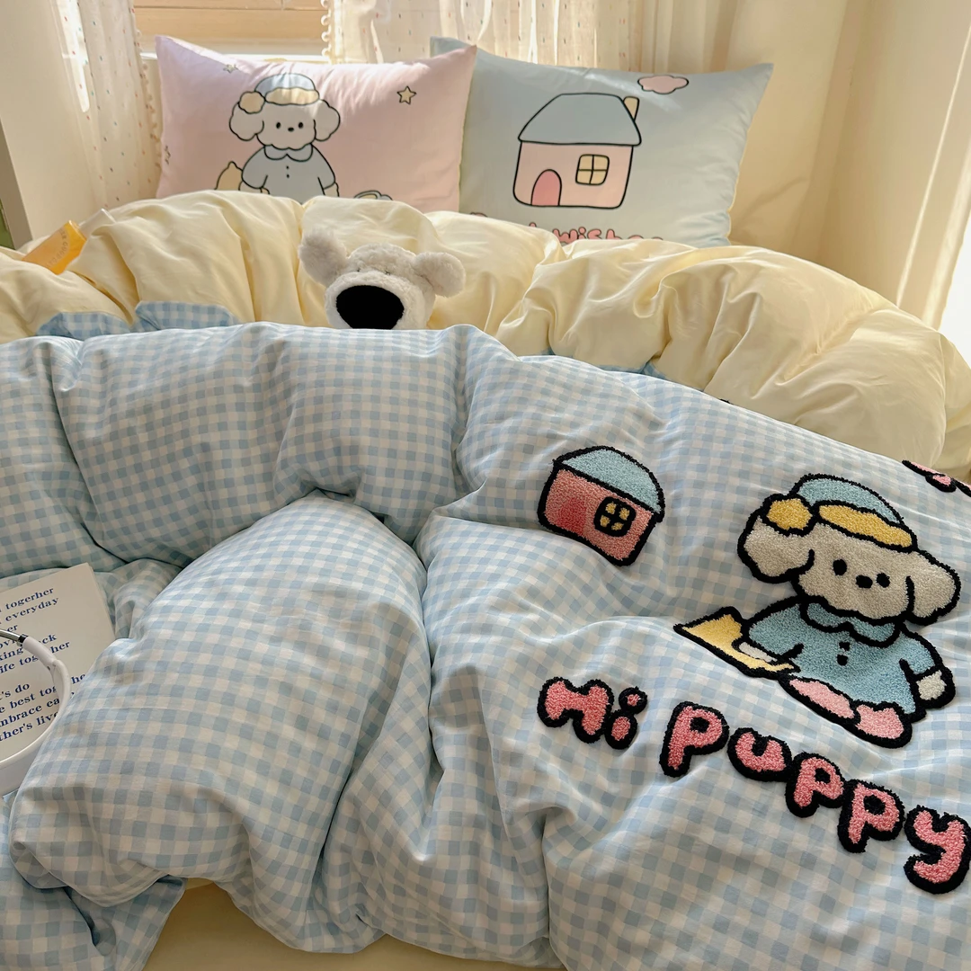 ins新款全棉四件套纯棉被套可爱卡通刺绣工艺款床品双人单人宿舍