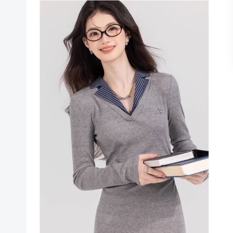 【欧阳喜OYANXI】轻尘初静法式翻领灰色修身收腰连衣裙CY234721-A