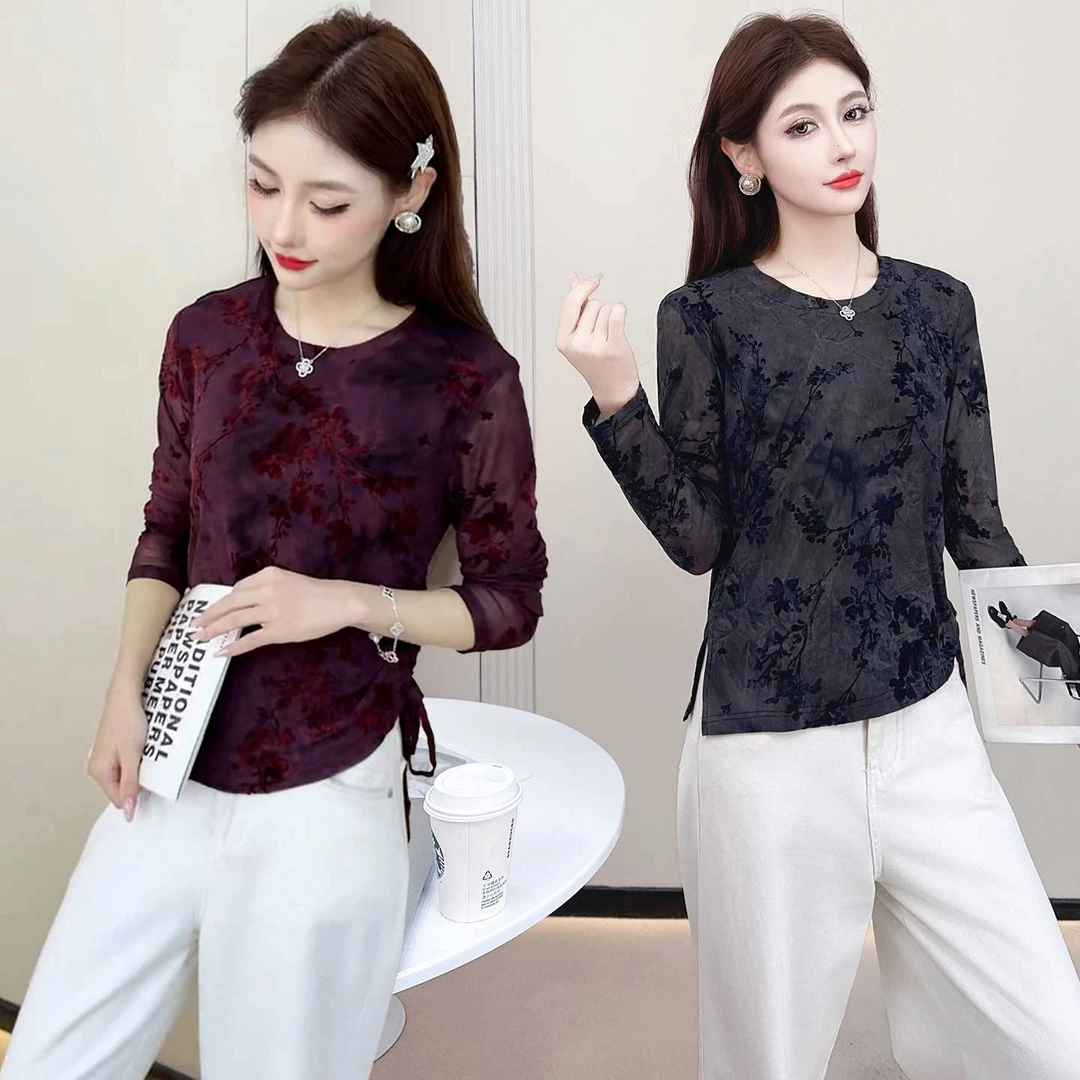 印花植绒上衣长袖圆领拼接T恤小衫女士百搭花色时尚蕾丝打底衫