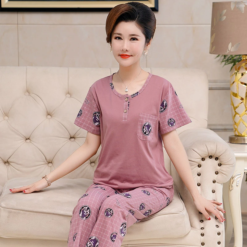睡衣女夏季短袖长裤中年妈妈纯棉薄款中老年人奶奶圆领套头家居服
