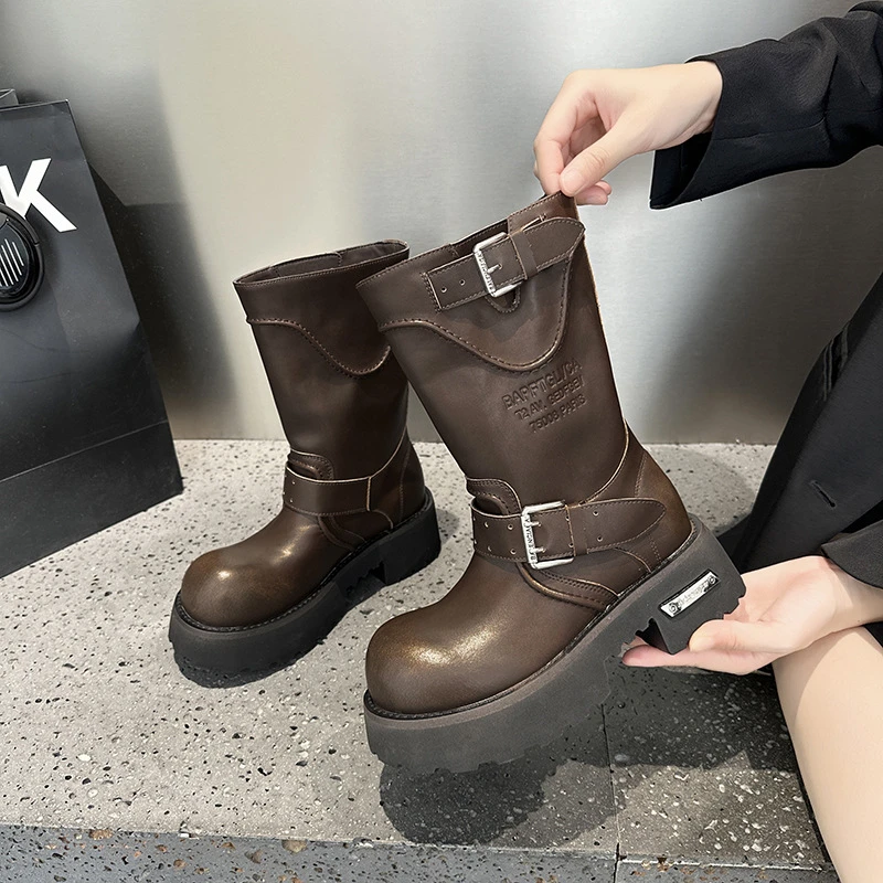 【增高7CM】2025新款秋冬棕色不过膝长筒靴女新款秋冬真皮西部牛仔