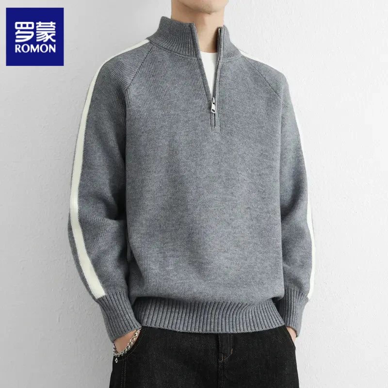 罗蒙半拉链立领毛衣男士秋冬季美式撞色加厚保暖针织衫简约百搭男