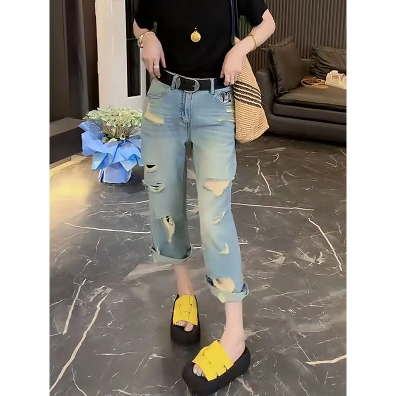大码高腰弹力薄款破洞牛仔裤女2025夏季新款胖mm显瘦梨型身材百搭