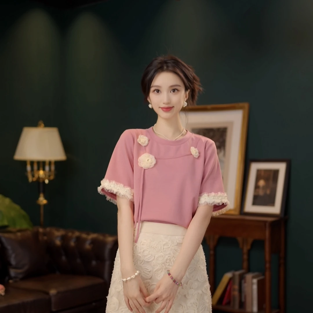 琦琦【粉茶花窗】甜美休闲百搭小众短袖女夏季上衣YE0706503