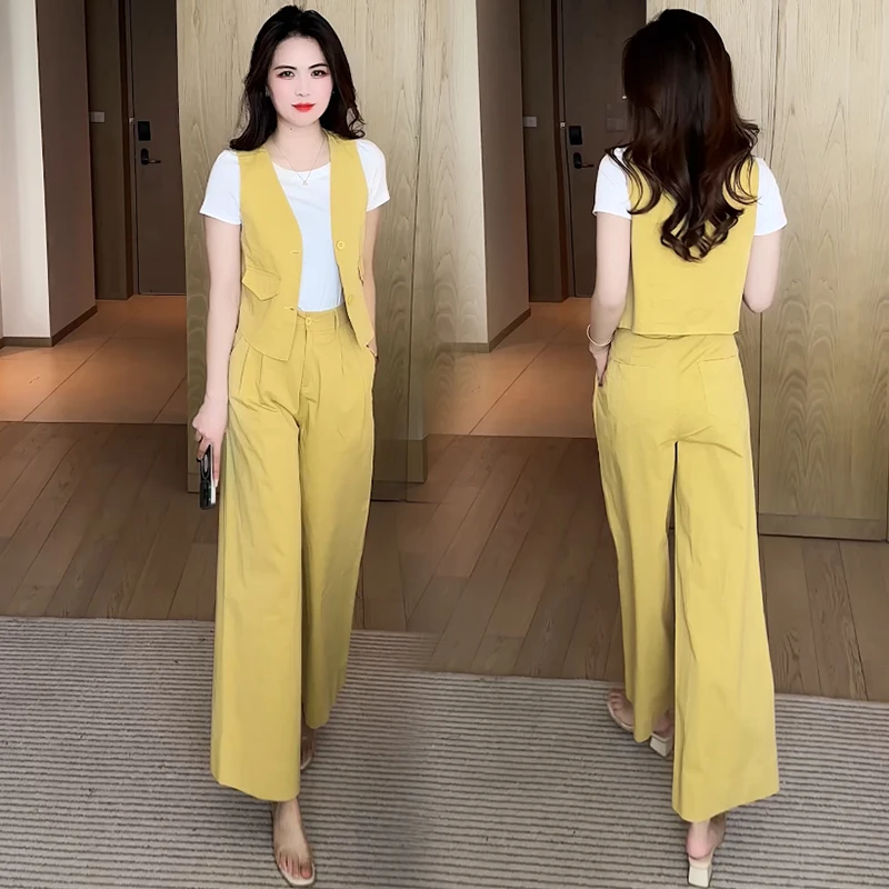 时尚气质套装女2025夏季新款时髦洋气简约马甲短袖阔腿裤三件套潮