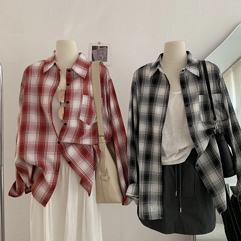 欧玛莱 翻领单口袋大格子单排扣长袖宽松中长款衬衫上衣实拍3777