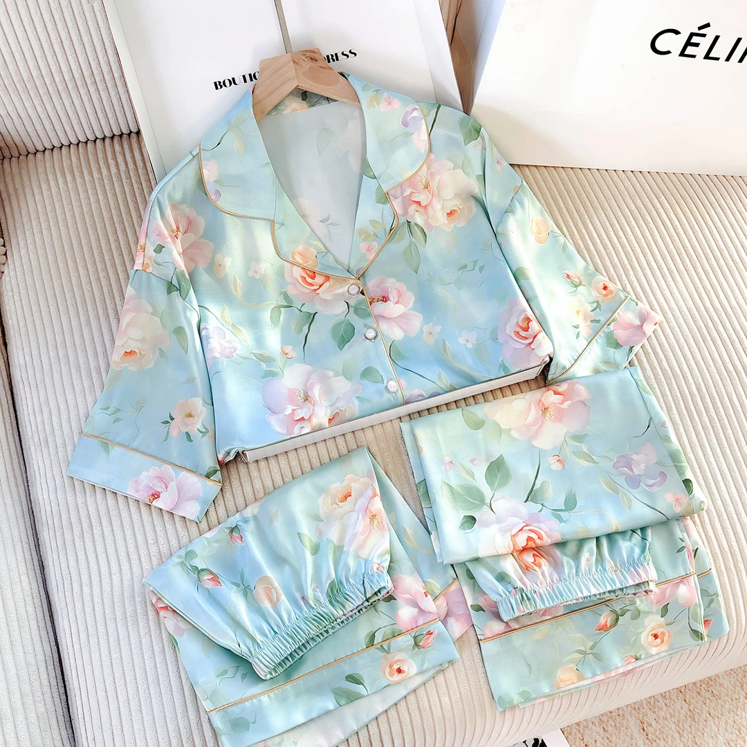 达芬奇密码碧绿粉蔷三件套2025新款欧若风睡衣宽松女士家居服套装