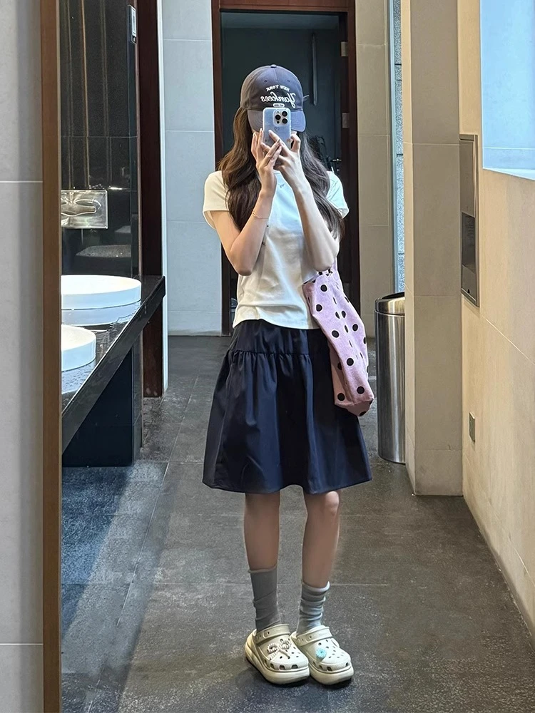 藏青色速干工装半身裙女夏季小个子高腰休闲运动短裙a字包臀裙子