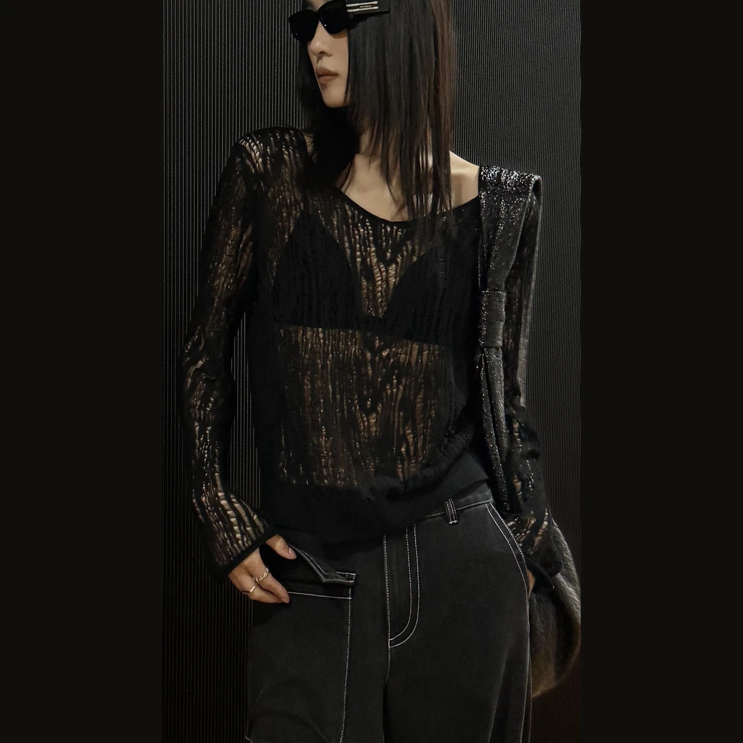 AMASS/阿玛施【透视美学】新款纯色气质针织上衣