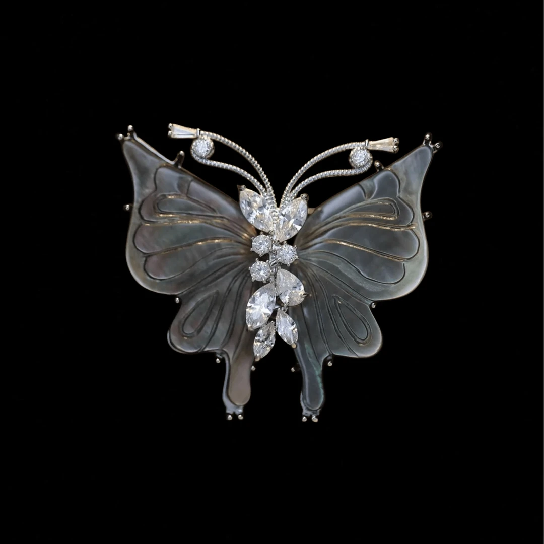 铜合金贝壳胸针 时尚气质百搭黑色贝壳蝴蝶胸针5448