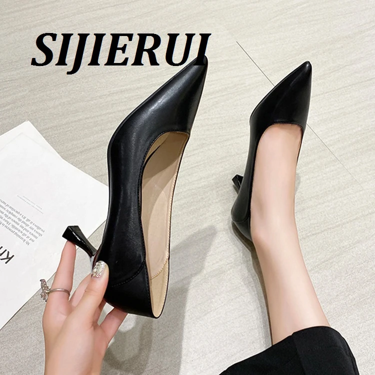 SIJIERUI小码黑色职业尖头高跟鞋女2025年春夏细跟软皮大码单鞋女
