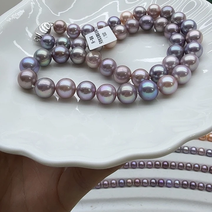 颈饰银S925镶嵌淡水珍珠9-10mm 紫珠莫兰迪