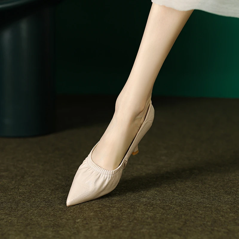 软牛皮法式尖头单鞋女细跟2025新款高跟百搭软底浅口皮鞋真皮女鞋