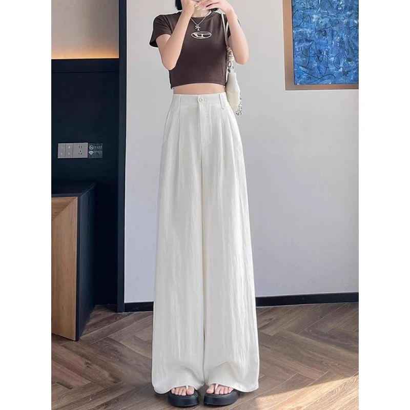 亚麻休闲裤女夏季薄款高级感垂感压褶宽松阔腿裤直筒拖地长裤