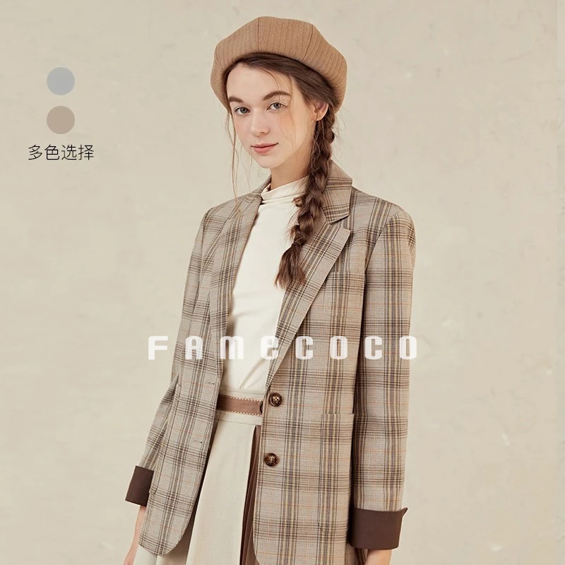 Famecoco范可儿经典学院风格纹休闲西装女士西服外套F221AW012