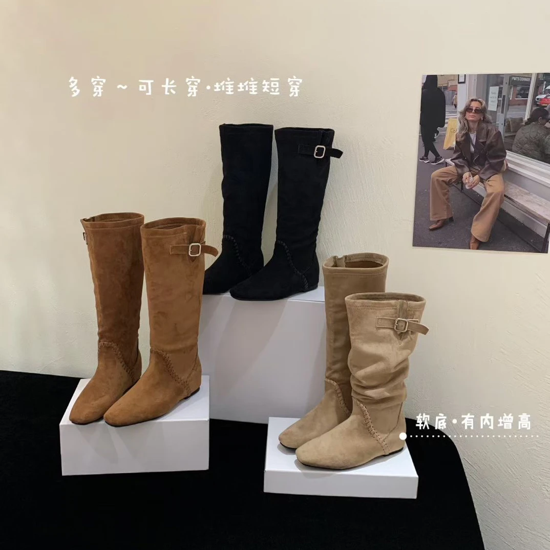 A80-77尖头内增高堆堆靴骑士靴褶皱靴女鞋时尚瘦瘦靴气质秋冬软底