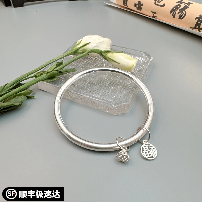 足银手镯 素圈手镯9999足银女光面闭口莲蓬福牌铃铛古法沙面银镯
