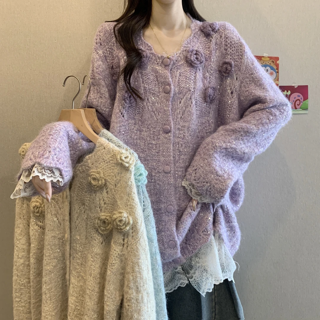 蕾丝拼接立体花朵紫色毛衣外套女秋冬大码胖mm慵懒绝美针织衫上衣