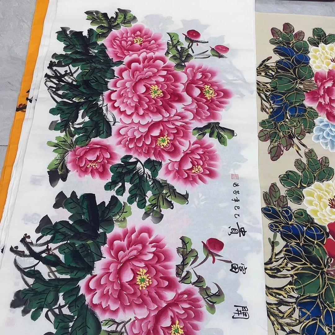 国画国画作品原稿四尺横幅粉色