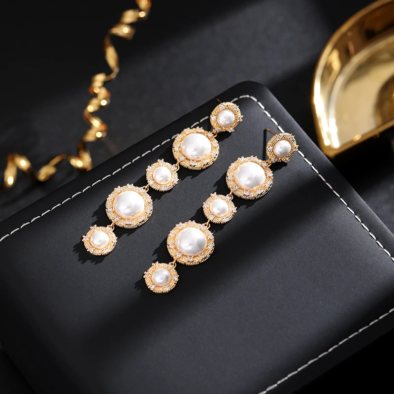 铜合金耳饰 《货号7449》简约时尚优雅长款珠珠流苏耳饰