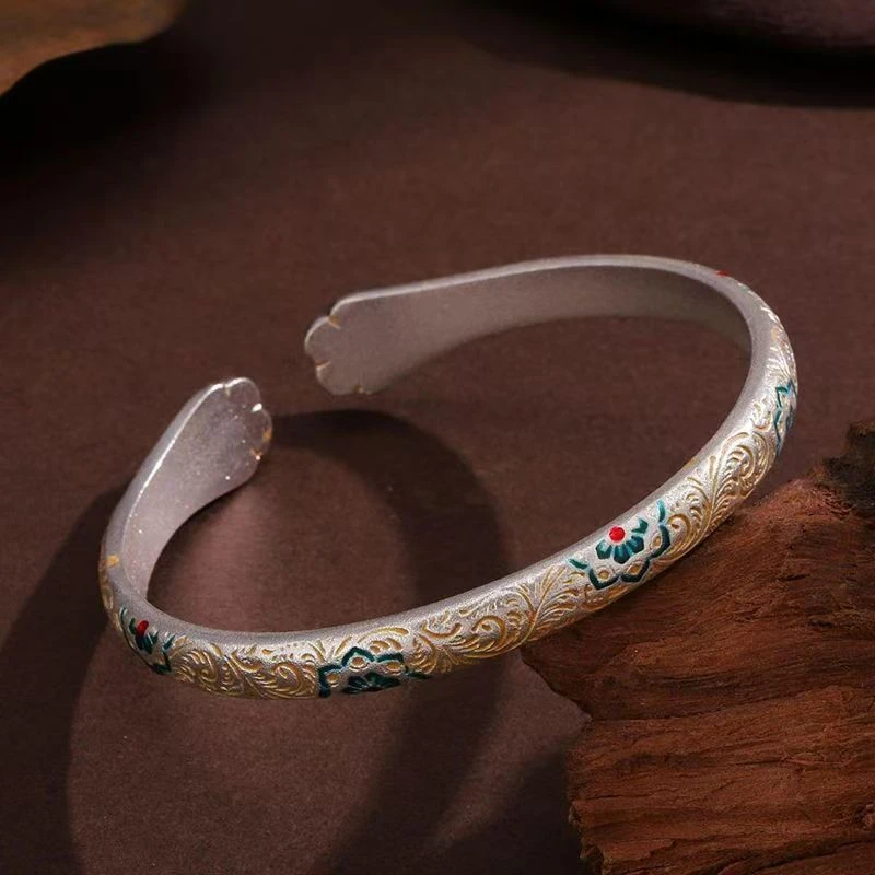 足银手镯 999.9  珐琅彩宝相花开口手镯