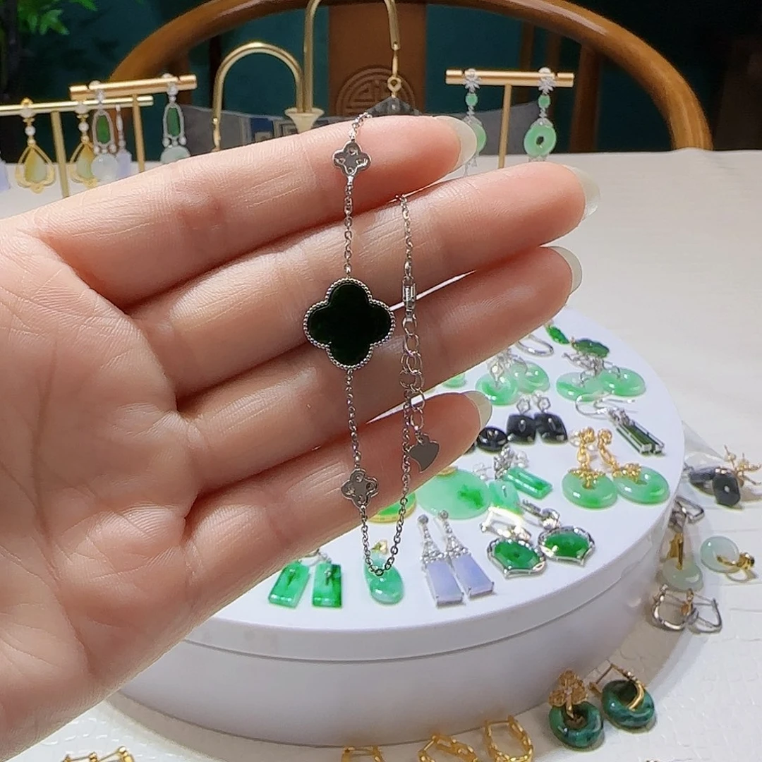 翡翠银S925镶嵌耳饰蕊*心天然缅甸a货翡翠