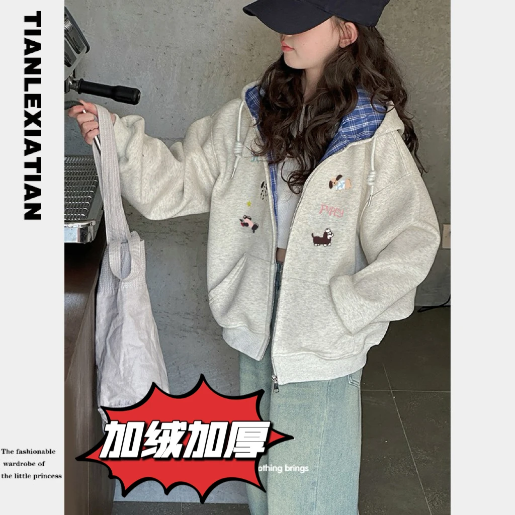女童韩系秋冬加绒加厚6-12岁绣花格子连帽外套15岁女孩学生冬装