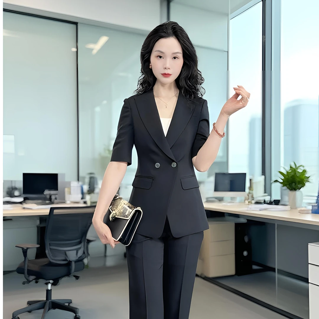 夏季薄款黑色短袖通勤时尚气质夏季修身职业女总裁霸气套装