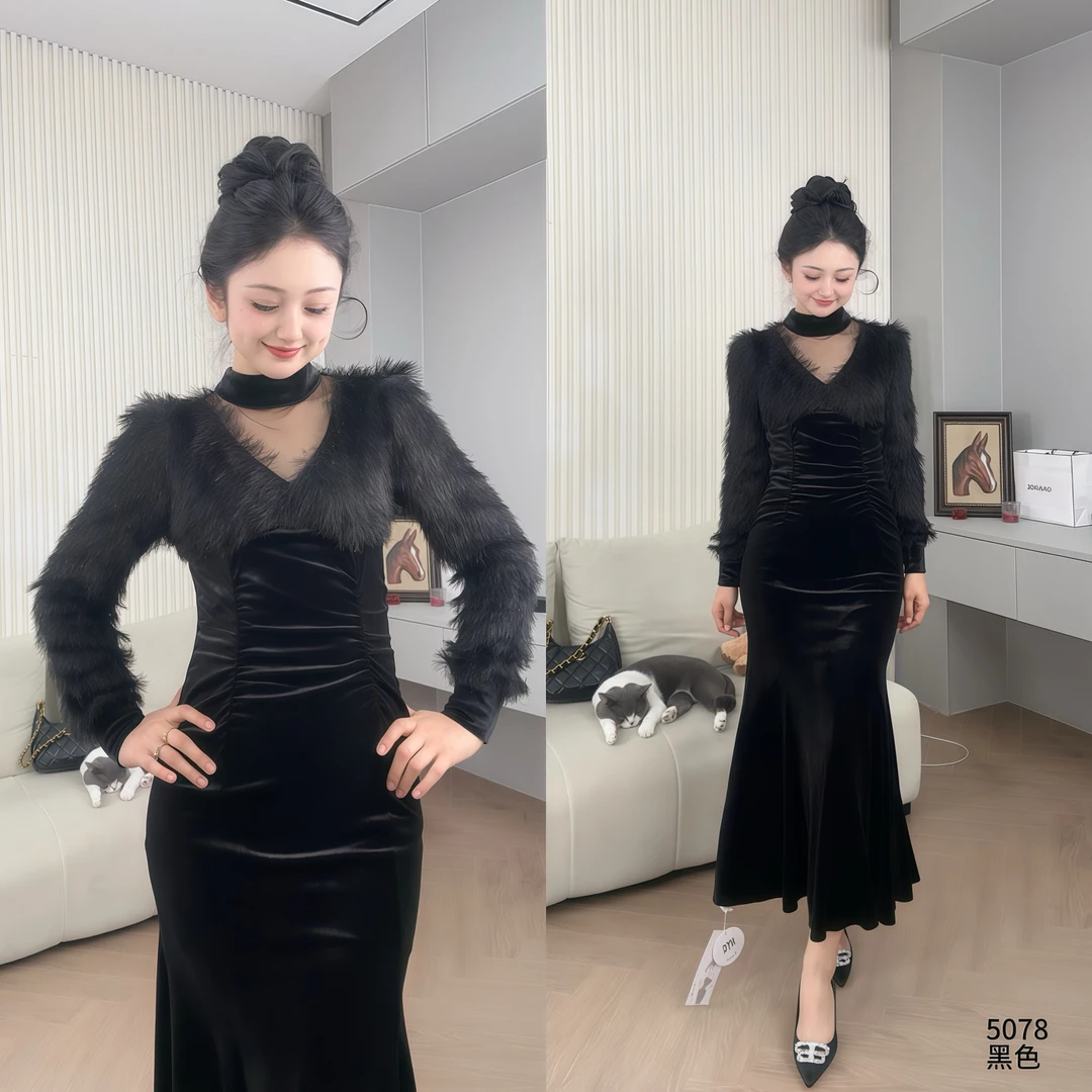 新款时尚气质轻奢黑色收腰褶皱秋冬连衣裙YF5078