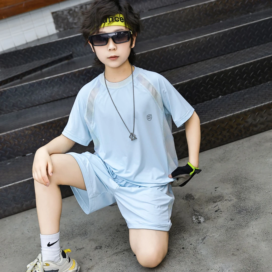 儿童夏季防晒速干运动套装男女童凉感拼接短袖短裤两件套UPF50+