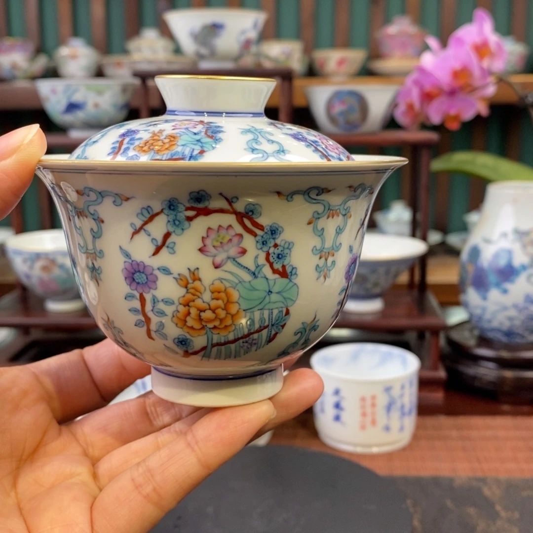 手工陶瓷柴胎斗彩四季花盖碗