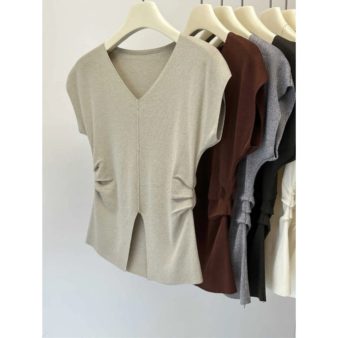 法式气质无袖V领短款针织衫女夏季半开领设计感开叉收腰显瘦上衣