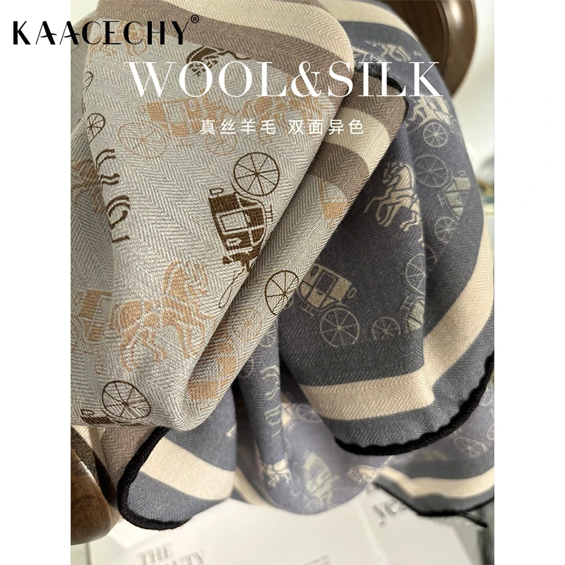 丝毛简约围巾女款爆款2025新款韩版普蓝马车真丝羊毛保暖围脖领巾