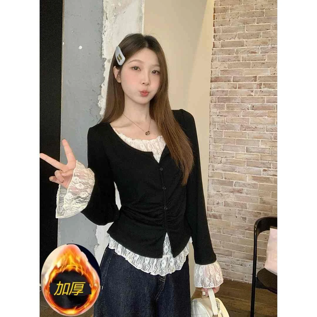 2025秋冬季新款大码胖mm宽松显瘦蕾丝拼接假两件上衣T恤出游女装