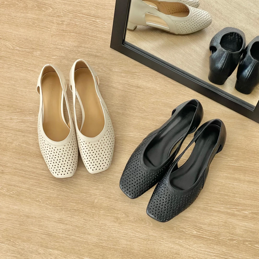 HUSSLOVE 头层水晶羊皮·跟高2.5CM·百搭通勤简约叶状镂空低跟单鞋