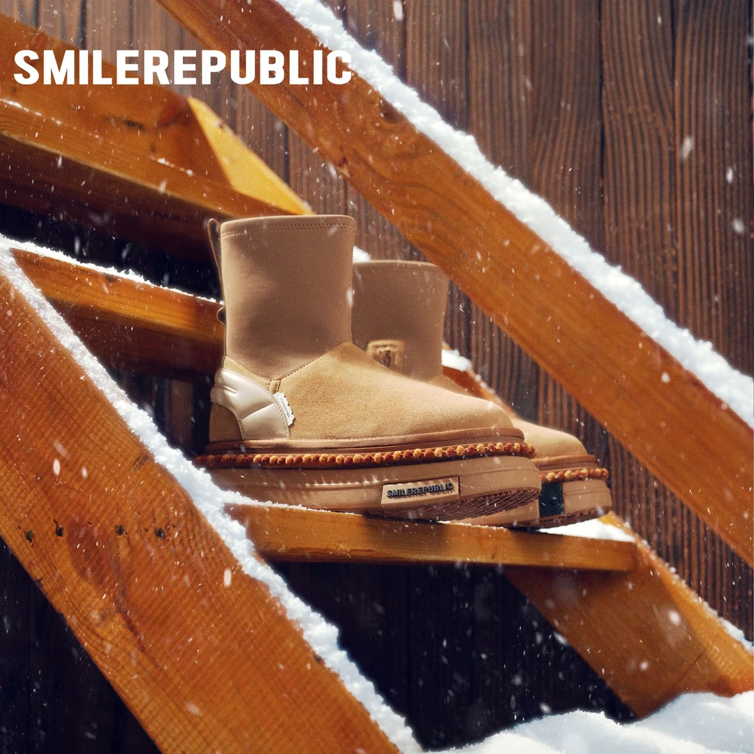 smilerepublic炭黑色/杏色厚底DIY中帮雪地靴加绒加厚