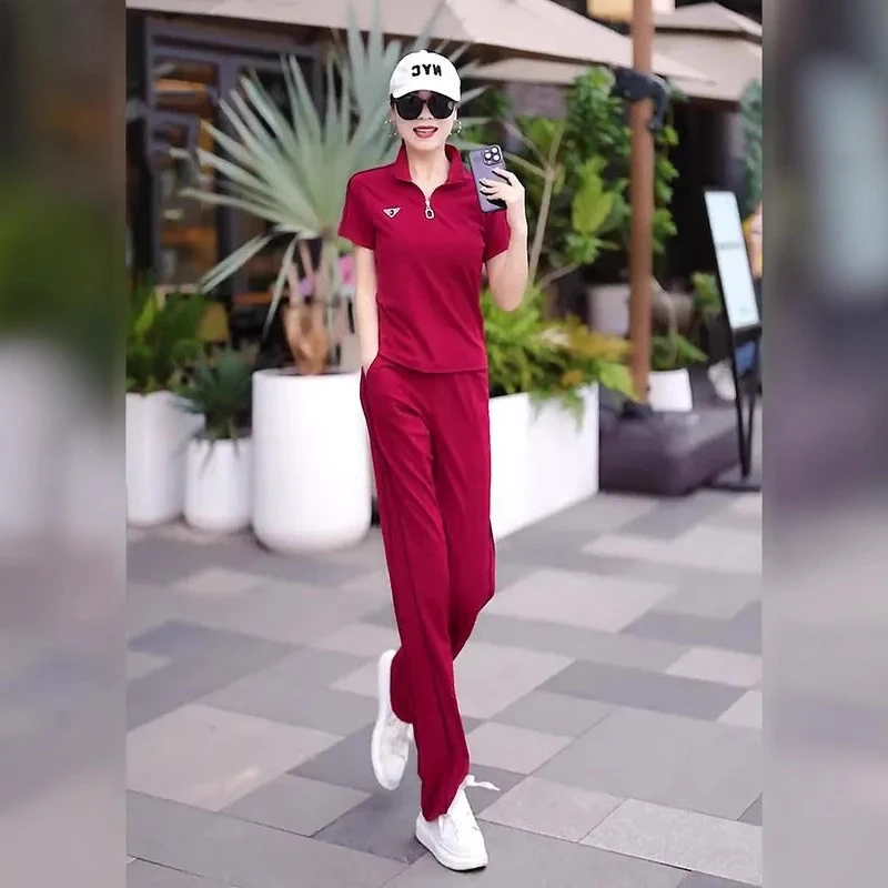 红色休闲运动套装2025女夏减龄显瘦高级感短袖阔腿裤时尚两件套女