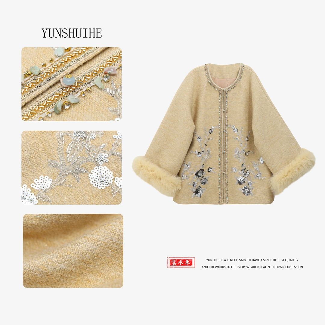 YUNSHUIHE/云水禾新中式立体珠绣袖口拼狐狸毛外套