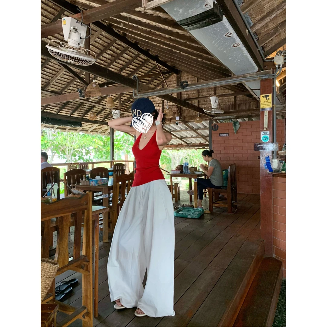 新款白色休闲裤女夏季高腰垂感长裤百搭宽松阔腿裤裤子直筒拖地裤