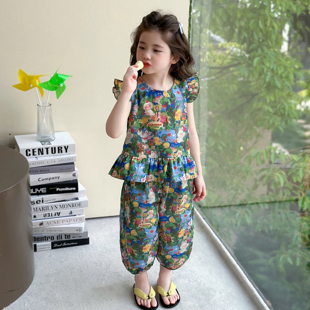 女童飞袖印花套装儿童洋气小女孩夏装女宝宝薄款休闲两件套夏季