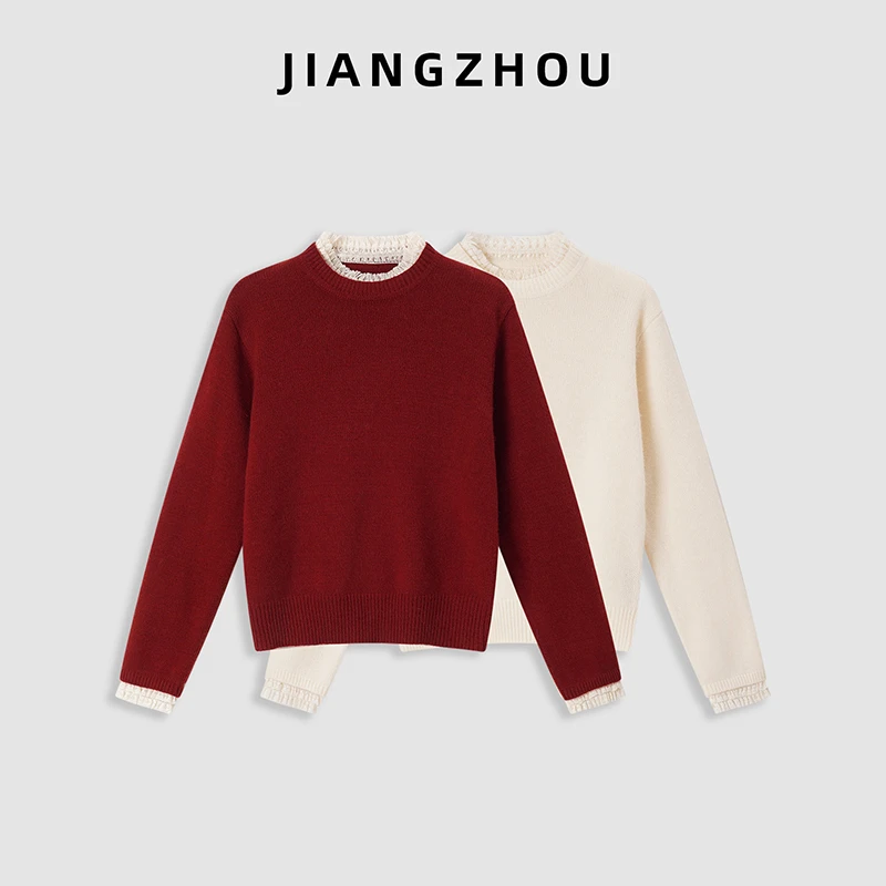 江洲【红酥】秋冬新款温柔风百搭喜庆圆领蕾丝拼接软糯套头羊毛毛衣
