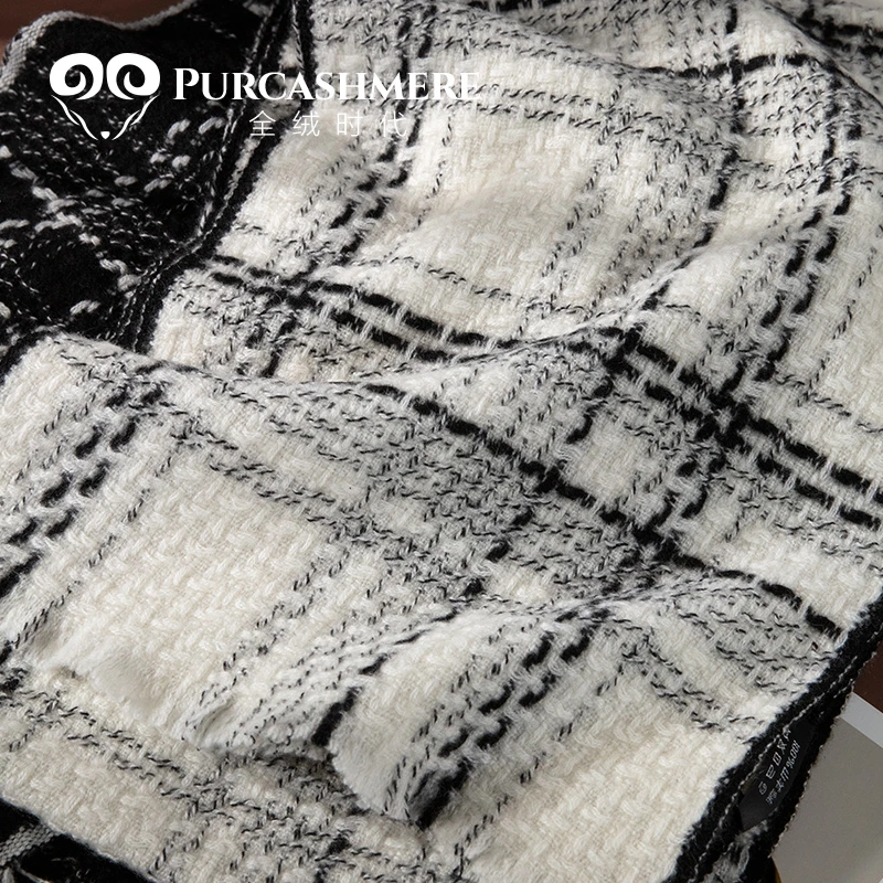 全绒时代Pure cashmere 编织格纹纯羊绒围巾秋冬季情侣外搭小披肩