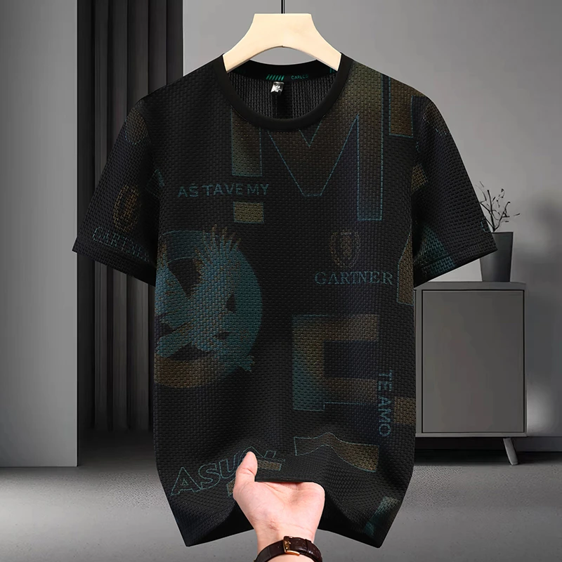 30-50岁夏季薄款圆领冰丝男士短袖青年凉感修身休闲新款潮流T恤