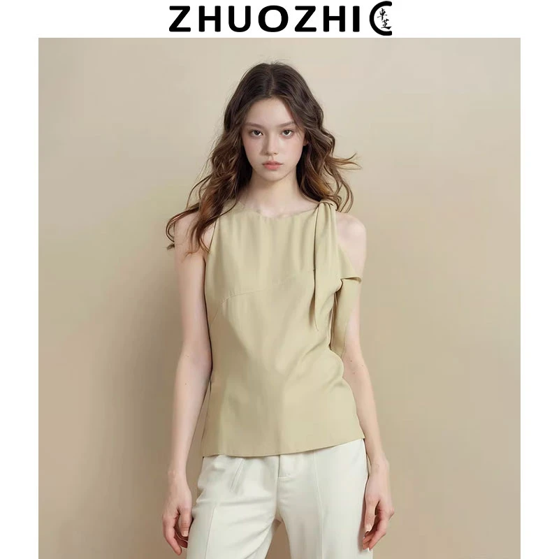 [卓芝]法式休闲风绑带纯色背心吊带2025夏季新款通勤百搭薄款上衣