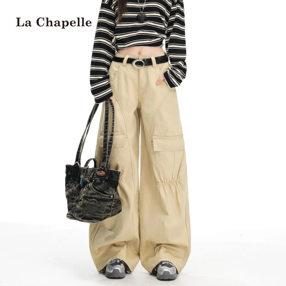 拉夏贝尔卡其色美式工装裤女春秋季2025新款复古直筒阔腿牛仔裤子