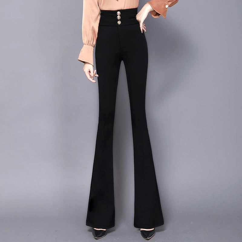 小嗽叭新款长裤今年春女装坠感微喇高腰弹力排扣大喇叭阔腿西裤
