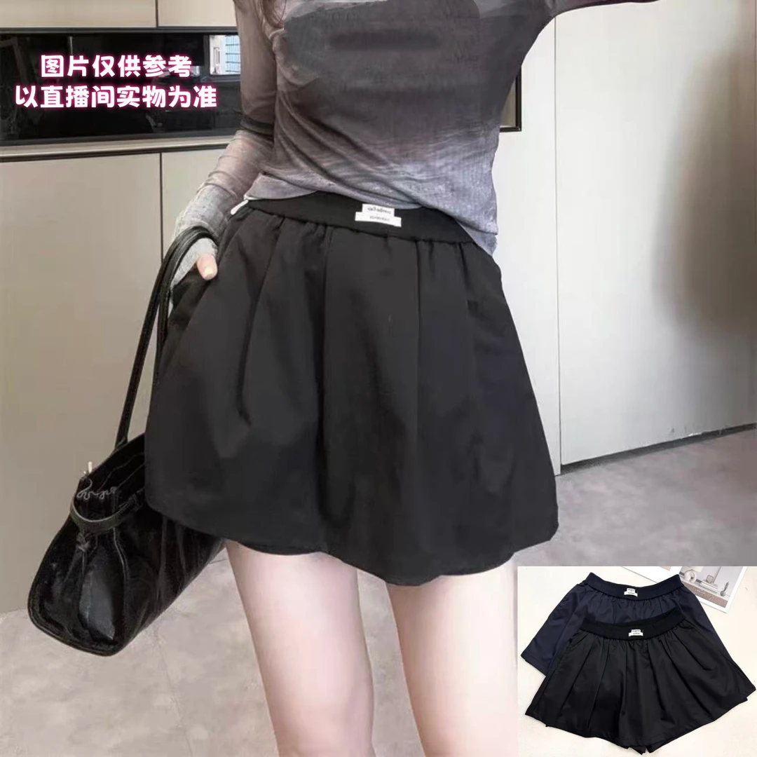 溪溪*秋冬字母标松紧腰褶皱短裤裙女A字版遮肉大码显瘦百搭不规则