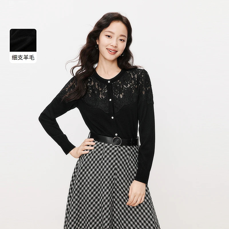 Koradior/珂莱蒂尔时尚蕾丝拼接毛针织开衫KI00603W0