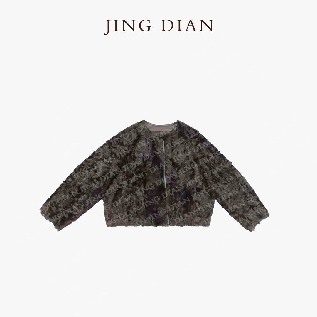 【JING DIAN】《琥珀深棕》小湖羊圆领皮草外套